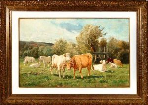 Cows At Rest In Landscape by James Desvarreux-Larpenteur