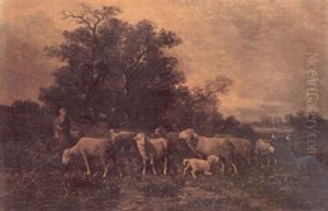 A Pastoral Landscape With A Shepherdess And Her Flock And A Sheepdog Keeping Watch by James Desvarreux-Larpenteur