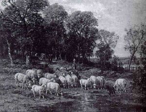 Baumlandschaft Mit Schafen An Der Tranke Baumlandschaft Mit Schafen An Der Tranke