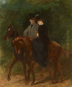 Couple D'elegants A Cheval by Edouard Jean Baptiste Detaille