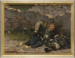 Voltigeur Cache Derriere Un Muret, Au Cote De Son Camarade Mort (fragment De Panorama De Rezonville) by Edouard Jean Baptiste Detaille