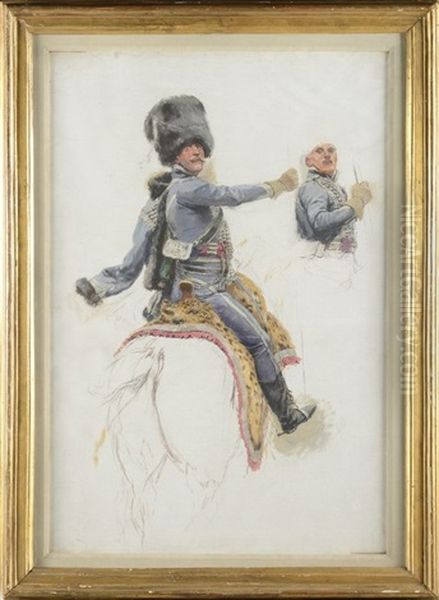 Etude D"un Porte Etendard Du 3e Regiment De Hussards Premier Empire - view 1
