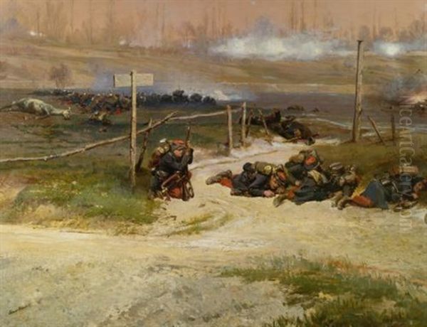 Au Pied Du Poteau (fragment From The Panorama Of The Battle Of Champigny) (+ Soldiers Advancing Along The Ground (study), Work On Paper, Smllr; 2 Works) - view 1