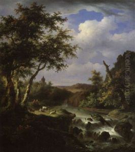 Mittelgebirgslandschaft Mit Wasserfall, Burg Und Hirtenstaffage by Eugene Napoleon Deterre