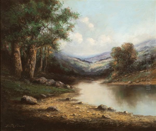 River Through A California Landscape With A Distant Field Of Wildflowers - view 1