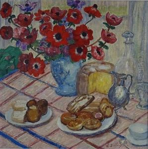 Nature Morte Aux Anemones, Brioche Et Verseuse by Leon Detroy