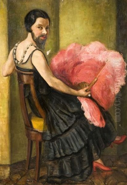 Femme A Barbe Tenant Un Eventail En Plumes D'autruche - view 1