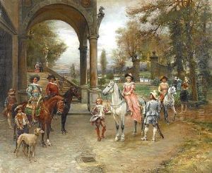 Elegant Figures Being Announced In A Courtyard