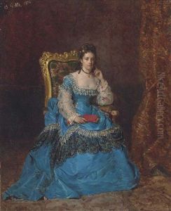 Marie Pauline, A Duchess, In An Ultramarine Silk Dress With Lace Trim, Seated In An Ornate Gilded Chair by Cesare Auguste Detti