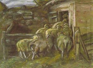 Schafe In Den Stall Gehend by Ludwig Dettmann