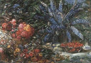 Blumenstilleben (stilleben Mit Rittersporn, Gebundelten     Rosen, Zinnien U. Einer Schale Mit Erdbeeren)