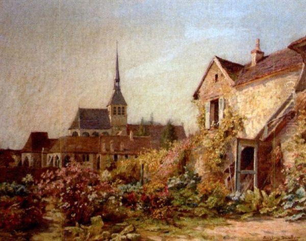 Jardin Fleuri Dans Un Village Avec Une Eglise A L'arriere Plan - view 1