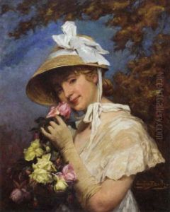 Portrait Of A Girl In A White Dress And Straw Bonnet, Holding A Basket Of Flowers