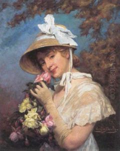 Ung Pige, Der Dufter Til En Lyserod Rose Ung Pige, Der Dufter Til En Lyserod Rose