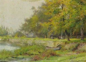Uferpartie Mit Ausfluglern In Fruhherbstlicher Landschaft by Eugene Auguste Francois Deully