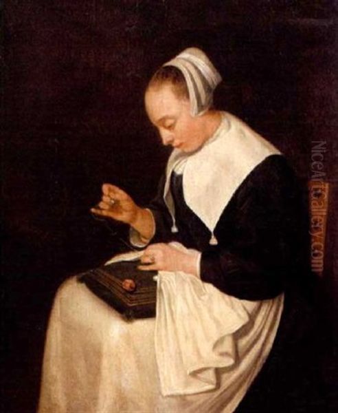 A Young Woman Sewing - view 1