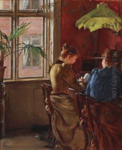 Interior With Two Women Decorating Porcelain by Caroline Van Deurs