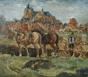 Bauer Beim Pflugen Mit Einem Pferdegespann, Im Hintergrund Eine Kirche by August Deusser