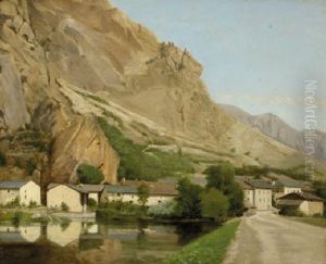 A Village In An Alpine Valley by Ludwig Deutsch