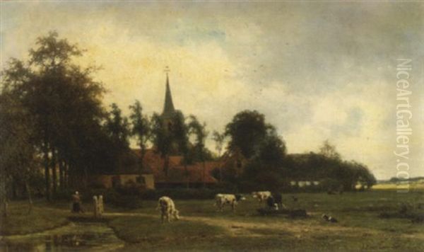 A Farmyard Scene With Cows In The Foreground - view 1