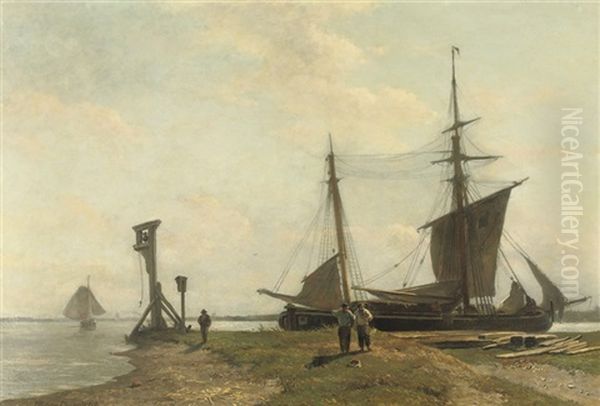 A Moored Two-master On The River-shore - view 1