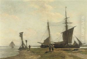 A Moored Two-master On The River-shore by Willem Anthonie van Deventer