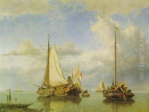 Frachtensegler Und Ausfahrende Kustenfischer In Einer Flusmundung An Der Hollandischen Kuste by Willem Anthonie van Deventer