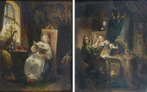 La Lecture Et La Conversation (pair) by Achille-Jacques-Jean-Marie Deveria
