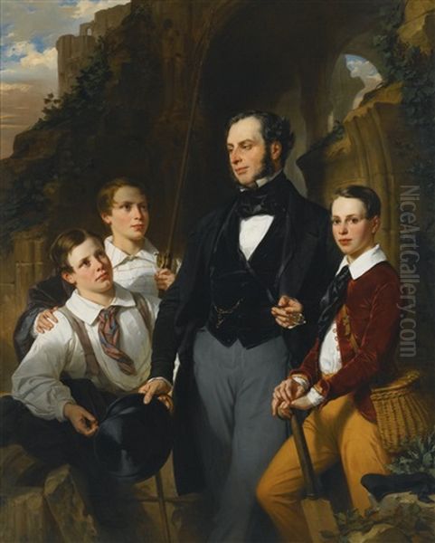 Portrait Of Laurence Davidson And His Three Sons, Three-quarter Length, Standing By Ruins, His Sons Seated Around Him, One Holding A Fishing Rod, The Other Holding A Cricket Bat - view 1