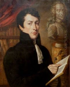 Portrait D'homme De Lettre Dans Sa Bibliotheque Devant Le Buste De Voltaire