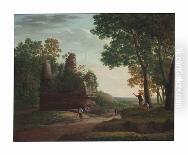A Pastoral Landscape With Figures Traveling A Tree-lined Path With Ruins, A Man And Woman Resting Beside A Tree - view 1