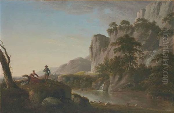 A Bucolic River Landscape With An Elegant Couple In The Foreground - view 1