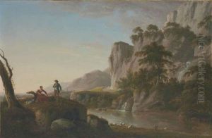 A Bucolic River Landscape With An Elegant Couple In The Foreground by Anthony Devis
