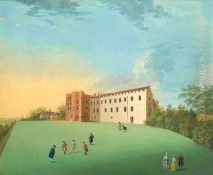 A View Of The Bishop's Palace, Farnham Castle, With Elegant Figures Playing Bowls In The Foreground