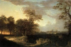Travellers On A Woodland Path, A Village In The Distance by Anthony Devis