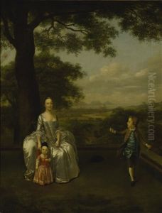 A Lady With Two Children Playing On A Terrace by Arthur Devis