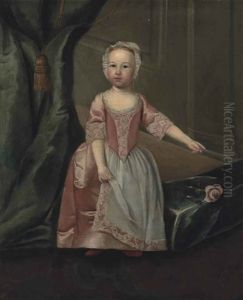 Portrait Of A Young Girl, Traditionally Identified As Catherine Smith Barry (1751-1795), As A Young Girl, Standing Full-length, In A Pink Dress And Bonnet, Before A Blue Curtain by Arthur Devis