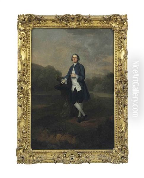 Portrait Of Sir Peregrine Courtenay, Standing Full-length, In A Park, Leaning Against A Tree Trunk In A Blue Coat And White Waistcoat, Holding A Tricorn Hat - view 1