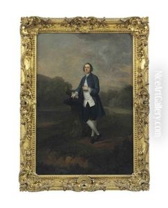 Portrait Of Sir Peregrine Courtenay, Standing Full-length, In A Park, Leaning Against A Tree Trunk In A Blue Coat And White Waistcoat, Holding A Tricorn Hat by Arthur Devis