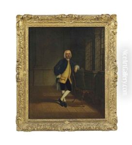 Portrait Of A Gentleman, Small Full-length, Wearing A Blue Coat, In An Interior by Arthur Devis