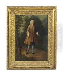 Portrait Of A Gentleman, Full-length, In A Brown Coat And Blue Breeches, With A Walking Stick In His Right Hand And Holding Ears Of Corn In His Left, In A Landscape by Arthur Devis