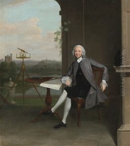 Portrait Of Jonas Hanway, Seated At A Table Beside A Surveyor's Theodolite And A Classical Urn, Overlooking A Landscape