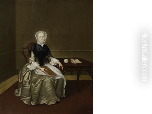 Portrait Of Mrs Wettenhall, Full-length, In A Gold Silk Dress And Black Wrap, Seated In An Interior, Reading - view 1