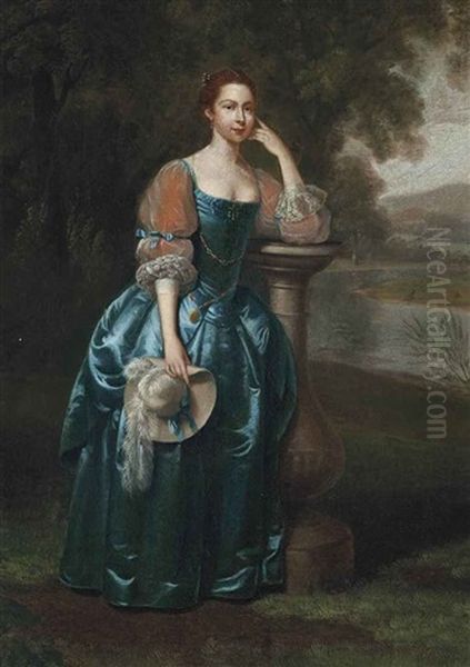 Portrait Of A Lady, Full-length, In A Blue Silk Dress, A Ribboned Hat In Her Right Hand, Standing In A Landscape - view 1