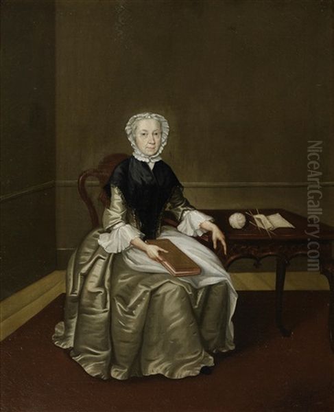 Portrait Of Mrs Wettenhall, Full-length, In A A Gold Silk Dress And Black Wrap, Seated In An Interior, Reading - view 1