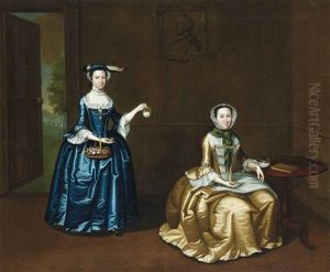 Two Ladies In An Interior, One In A Lace Trimmed Blue Dress, A Basket Of Flowers On Her Right Arm And A White Rose In Her Left, And The Other Seated In A Gold Dress And A Green Wrap by Arthur Devis