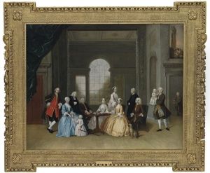 Group Portrait Of John Offley Crewe And His Family, Taking Tea Around A Tripod Table In An Interior by Arthur Devis