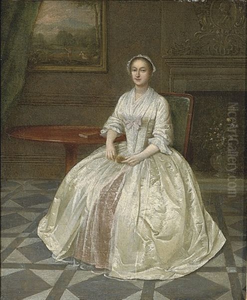 Portrait Of A Lady In A White Dress With Pink Underskirt, Seated Beside A Mahogany Tripod Table - view 1