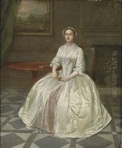 Portrait Of A Lady In A White Dress With Pink Underskirt, Seated Beside A Mahogany Tripod Table by Arthur Devis