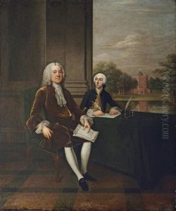 Portrait Of Henry Pelham, Prime Minister In A Brown Coat And White Cravat, Seated At His Desk With His Secretary
